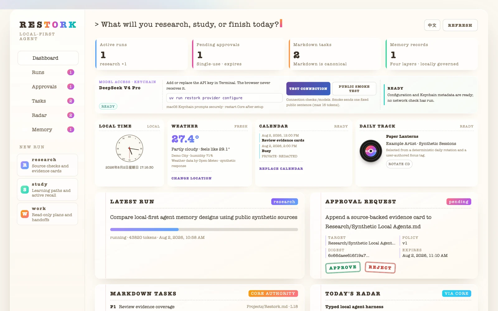 Restork Dashboard with runs, approvals, daily context, tasks, and memory using synthetic public data.